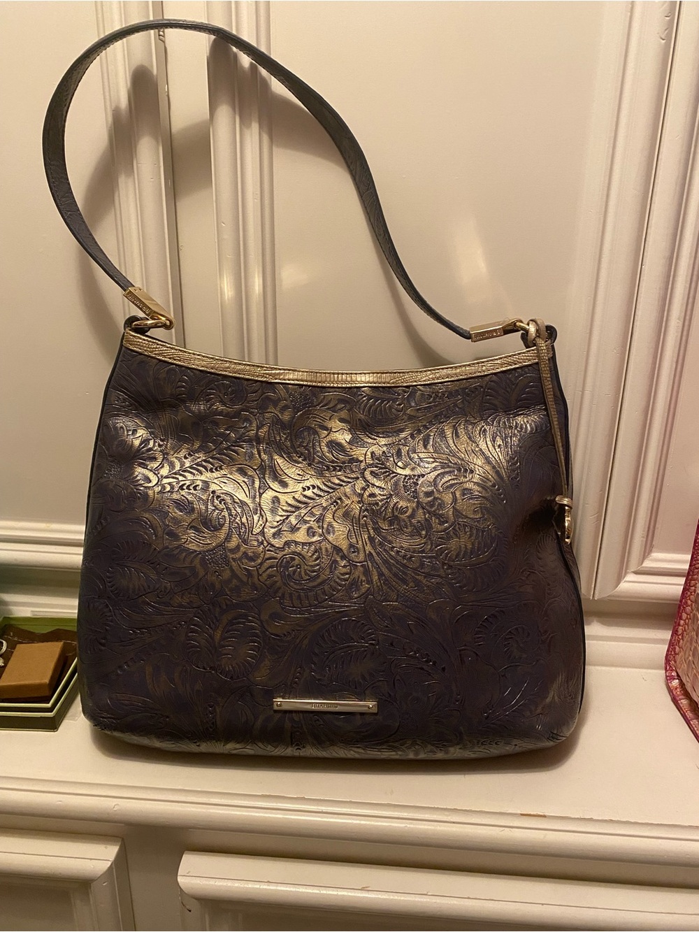 Brahmin Blue Bronze Floral Embossed bag only. Matching wallet sold separately - Picture 5 of 5